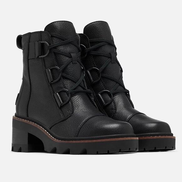 SOREL | Joan Now Lace Up Lug Sole Combat Boots Peddbled Leather Black | Size 9 - Picture 1 of 12